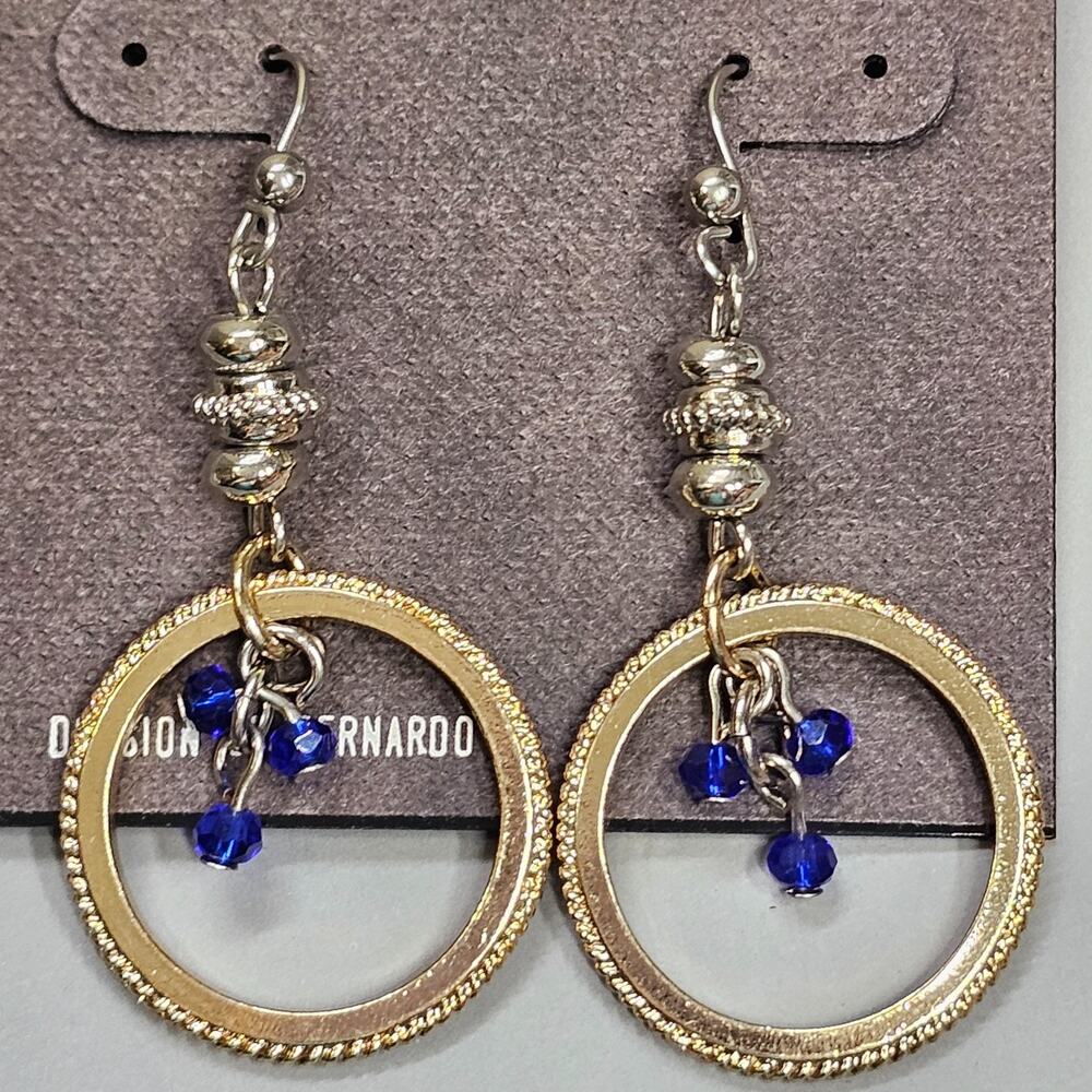 Bernie and Traci Drop Earrings Goldtone Hoops Blue Beads Silvertone Accents NEW